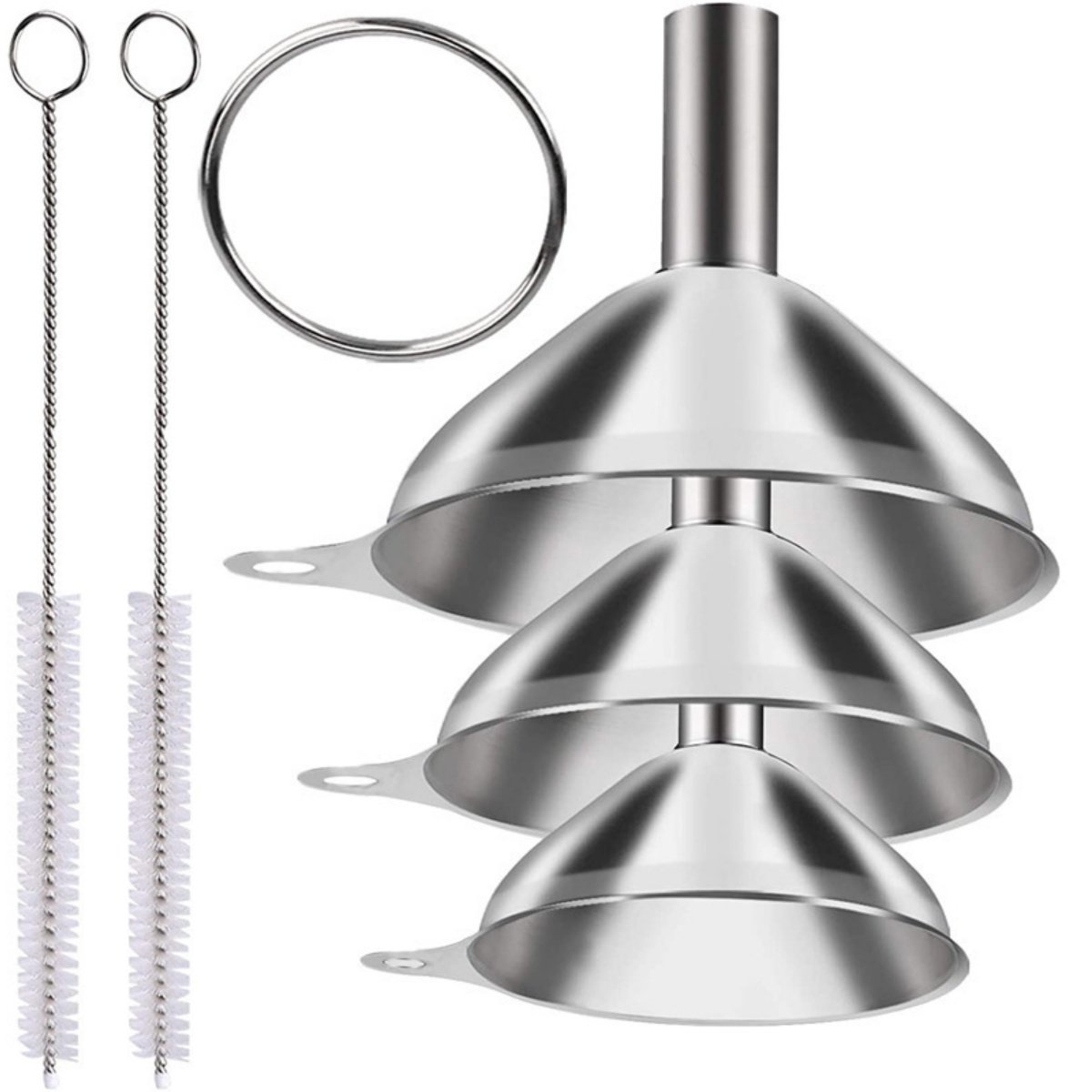 EXCITAT Trechters - Keuken Trechters - 3 Stuks Trechter RVS - met 2 reinigingsborstels - metalen vultrechter - diameter 7,5 cm, 5,5 cm, 4,5 cm