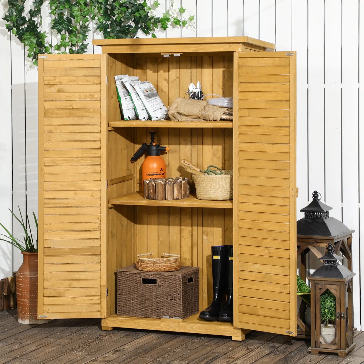 Pugsdrly Gereedschapsschuur met lamellendeuren 3 planken weerbestendig 87 cm x 46,5 cm x 160 cm dennenhout bruin