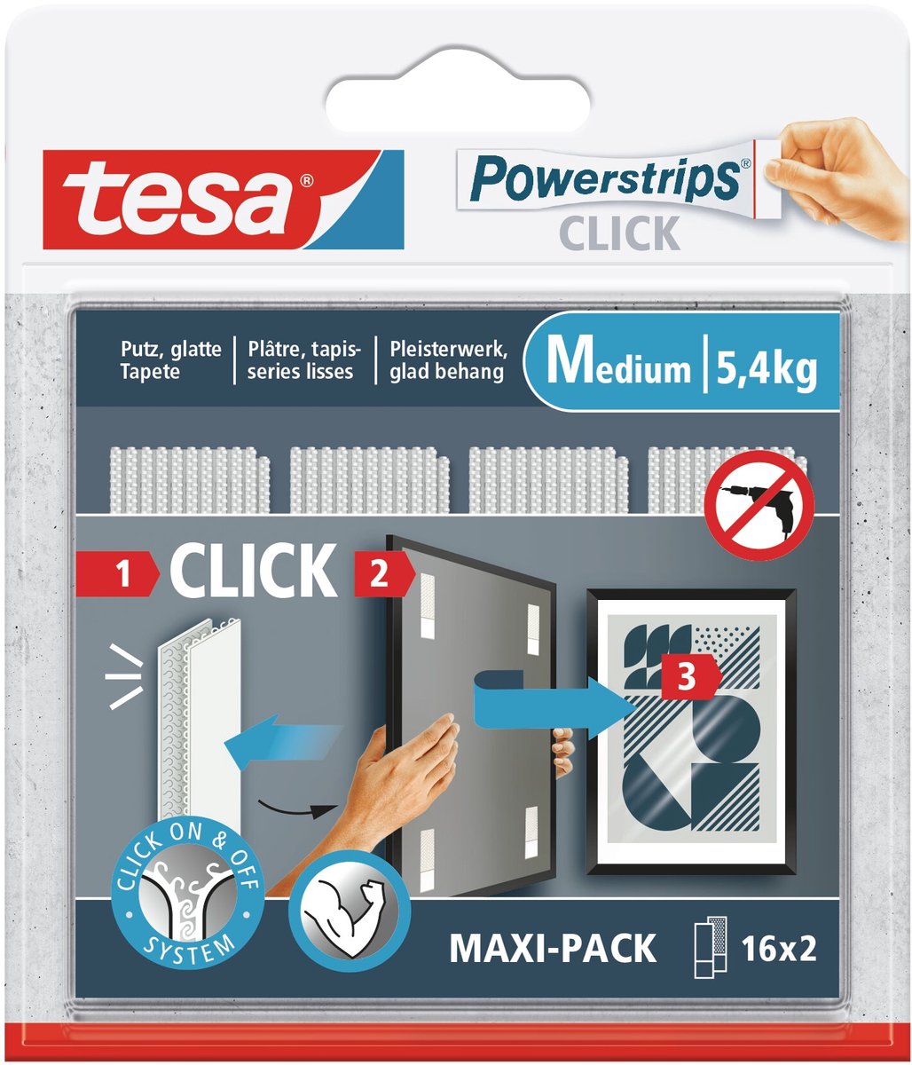 tesa Klittenband pads powerstrips click medium decoratie zonder boren – 16x2 stuks