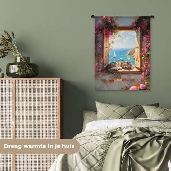 Wandkleed 60x80 cm - Wanddoek Kat - Blauwe zee - Roze bloemen - Wandtapijt - Wandkleden
