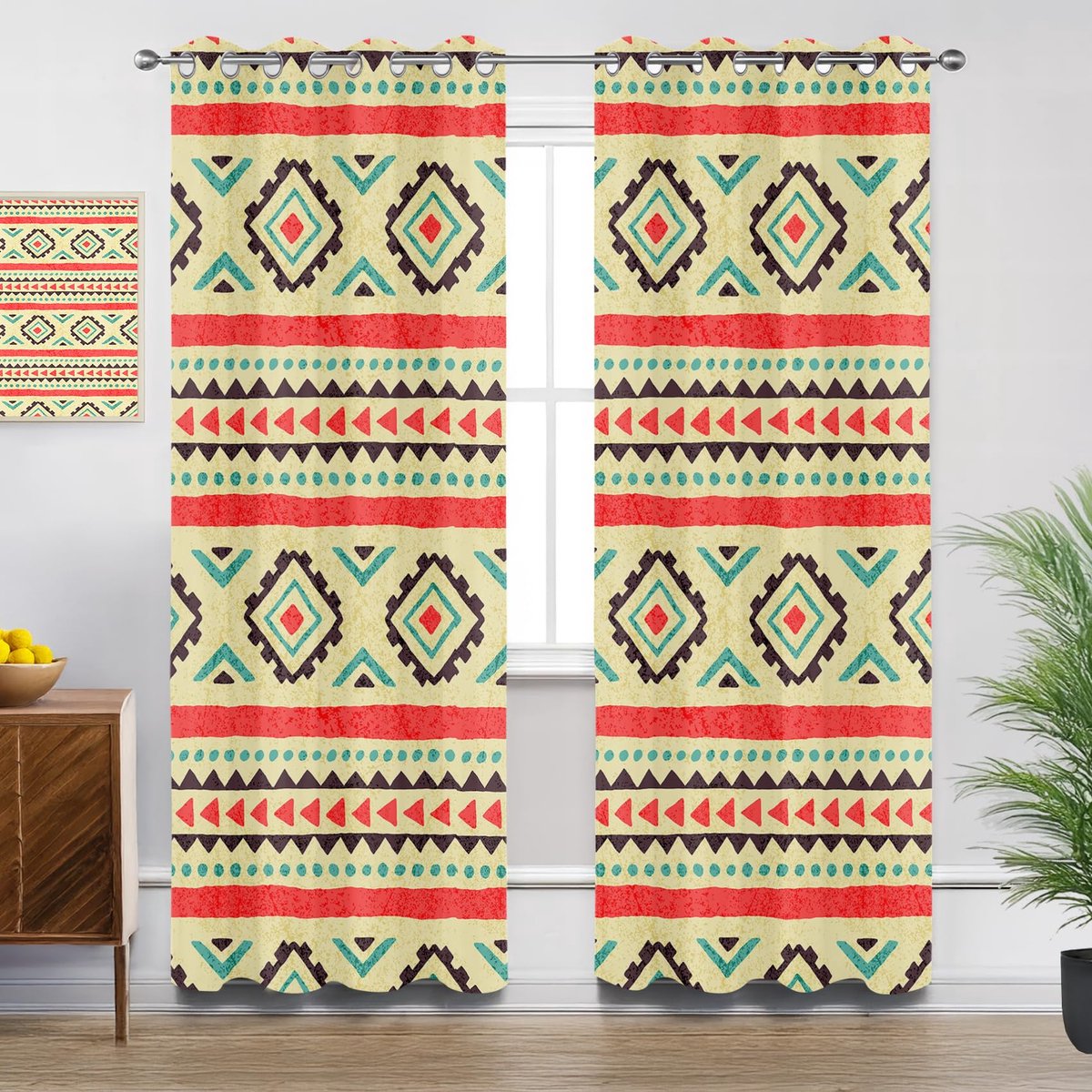 Ibenzoa Gezellige Etnische Verduisteringsgordijnen met Inslagringen voor Diverse Kamers, Set van 2, 160 x 140 cm rood