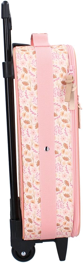 Roze koffer met bloemenprint en een zachtroze band, inclusief uittrekbaar handvat.