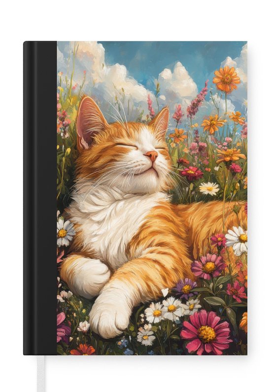 Notitieboek - Schrijfboek - Kat - Bloemen - Ontspannen - Notitieboekje klein - A5 formaat - Schrijfblok