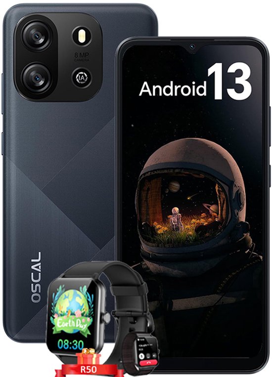 Oscal Flat 1C Smartphone - 4GB RAM 32GB ROM - Android 13 - 4700 mAh - Dual SIM 4G - GPS - Zwart met Slimme horloge Blackview R50