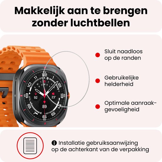 Smartwatch met oranje band, met tekst 'Makkelijk aan te brengen zonder luchtbellen', 'Sluit naadloos op de randen', 'Gebruikelijke helderheid', 'Optimale aanraak-gevoeligheid'.
