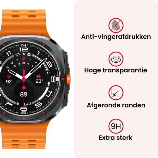 Screenprotector met 'Anti-vingerafdrukken', 'Hoge transparantie', 'Afgeronde randen' en '9H Extra sterk'.