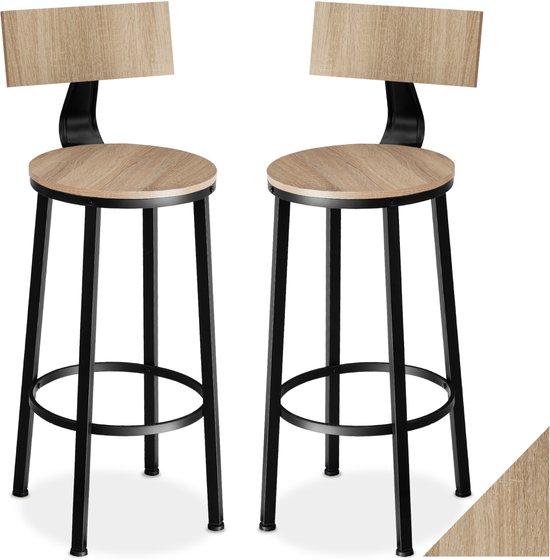 tectake® Barkruk - Ronde Bistrokruk - Set van 2 - Barkrukken - Vintage Barstoel met Voetsteun en Rugleuning - Zitting van MDF-hout - Industrieel design - Draagkracht kruk 120 kg - Afmeting 46,5 x 104 cm - Barstoelen - Eetkamerstoelen - Lichtbruin