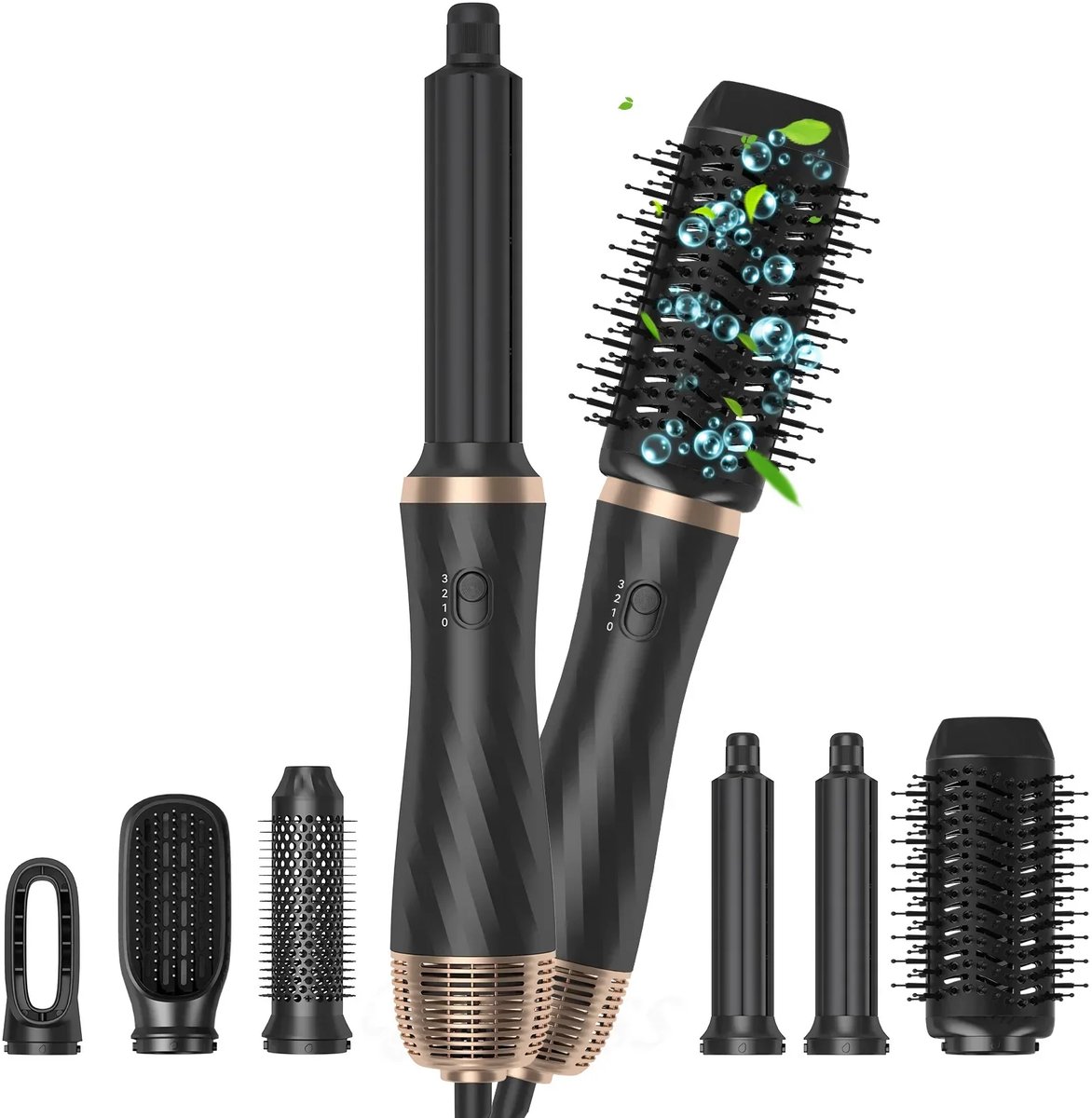 Elektrische Föhnborstel – Föhn - Borstel - Haarstyling - Haarföhn - Krultang - 6-in-1 Hetelucht Borstel – Haarstyling Set – Roterende Stijltang & Krultang – Met Opzetstukken – Professionele Haarföhn – Wit/Goud