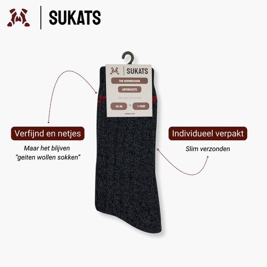 Donkergrijze sok met label 'Sukats The Norwegians Anthracite'.