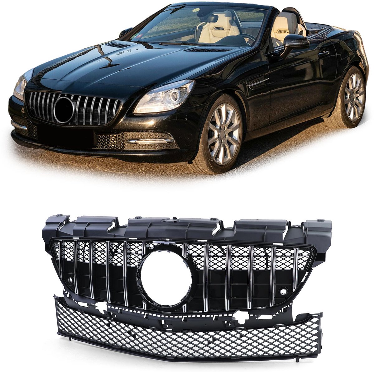 Sport Grill Voor Mercedes SLK R172 2011 2016 Amg Look Glanzend Zwart / Chrome Bies