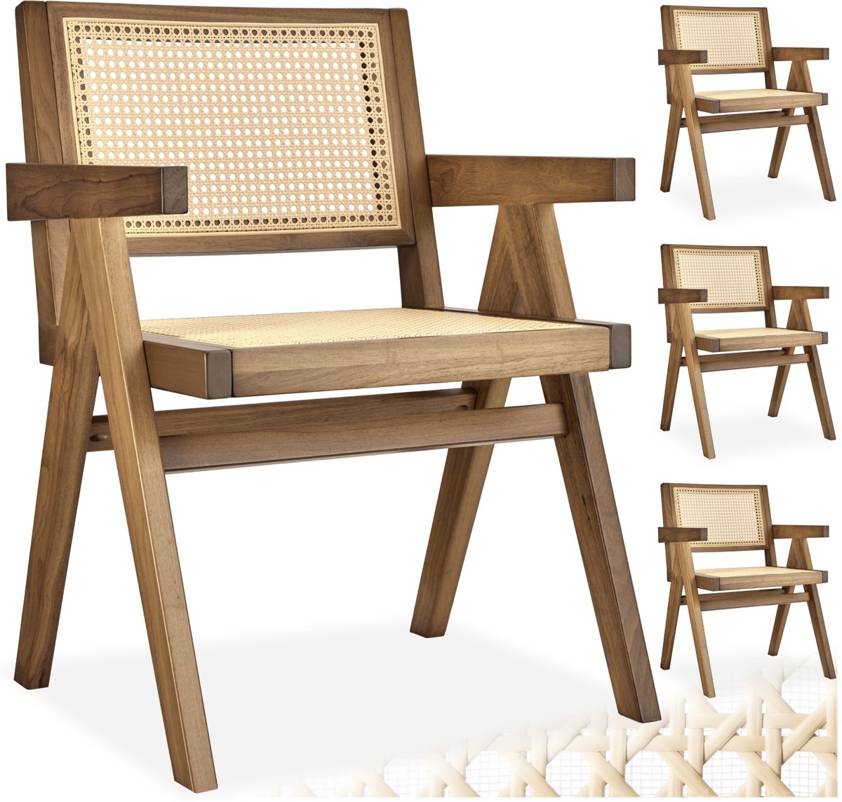 Tectake Houten Stoel Lizzy met Armleuning - Licht Eiken - Set van 4 Eetkamerstoelen met Weens Vlechtwerk - Boho-Stijl Stoel met Rugleuning - Massief Houten Frame - Belastbaarheid 120 kg Licht Eiken - Met Armleuning