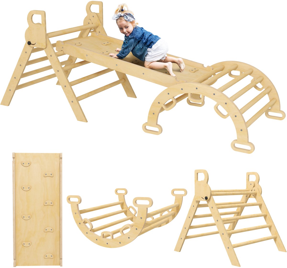 AIYAPLAY-Kinderklimmer-185x66x38cm-Meerlaags grenenhouten plank-Natuurlijk hout