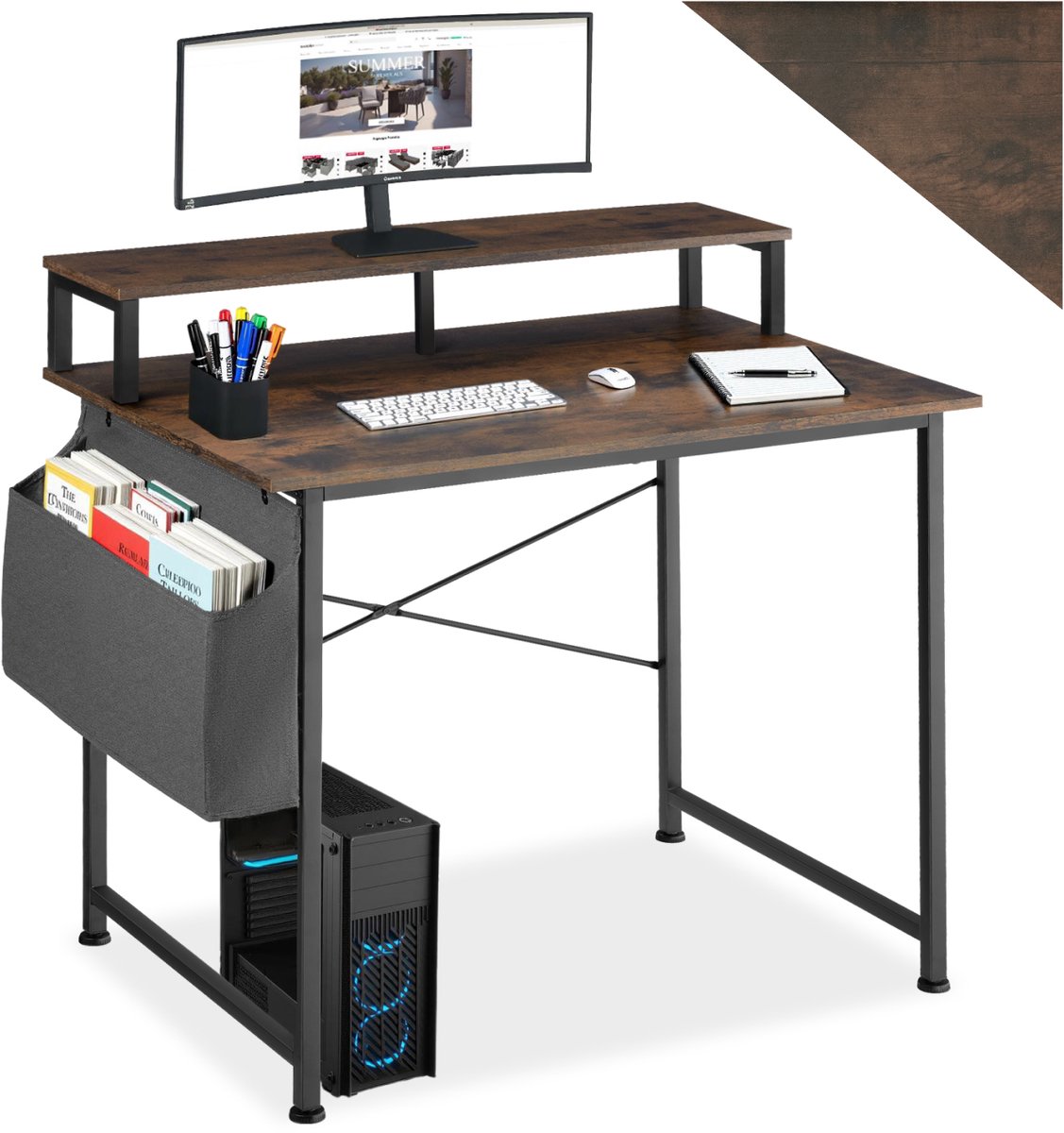 Tectake Bureau met opbergtas en monitorstandaard - Computerbureau - Houten bureaublad - Industrieel design - Zwart metalen frame - Afmetingen (LxBxH) 120 x 55x 90 cm - Donkerbruin