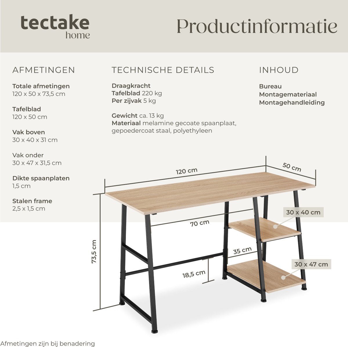tectake tectake Bureau met 2 planken - Bureautafel - Compu - afbeelding 3