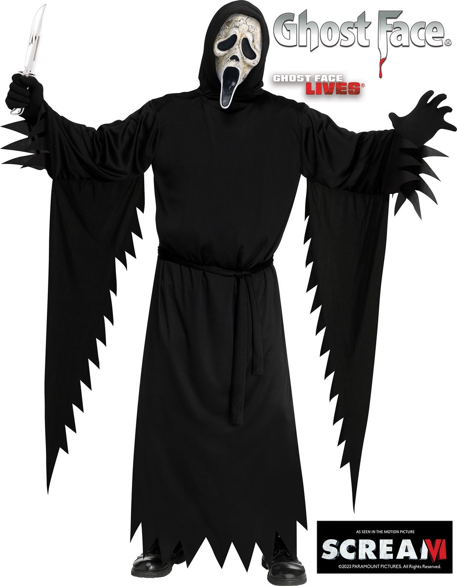 Fun World Ghostface Kostuum Volwassenen Volledig Scream Kostuum Halloween Halloween Kostuum Volwassenen Verkleedkleren Volwassenen - Officiële Licentie - 3-Delig Gewaad met Capuchon/Riem/Masker - Unisex - One Size (S-M-L)
