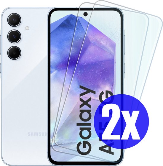 Screenprotector Samsung A55 2-pack gehard glas 9H krasbestendig case-friendly transparant