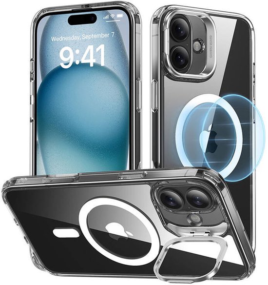ESR Hoesje Geschikt voor Apple iPhone 16 - Classic Hybrid HaloLock - Compatibel met MagSafe en ESR HaloLock - Back Cover met Standaard - Camera Kickstand - Transparant
