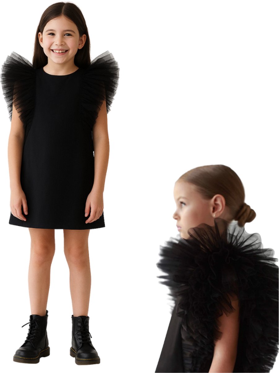 Joya Kids® Bruidsmeisje Jurk Meisje Zwart met Tule Pofmouwen | Feestjurk Tule Mouwen | Prinsessen jurk Zwart | Feestjurk Communie | Kinderjurk Bruiloft | Voor 2 tot 10 jaar oud | Maat 120