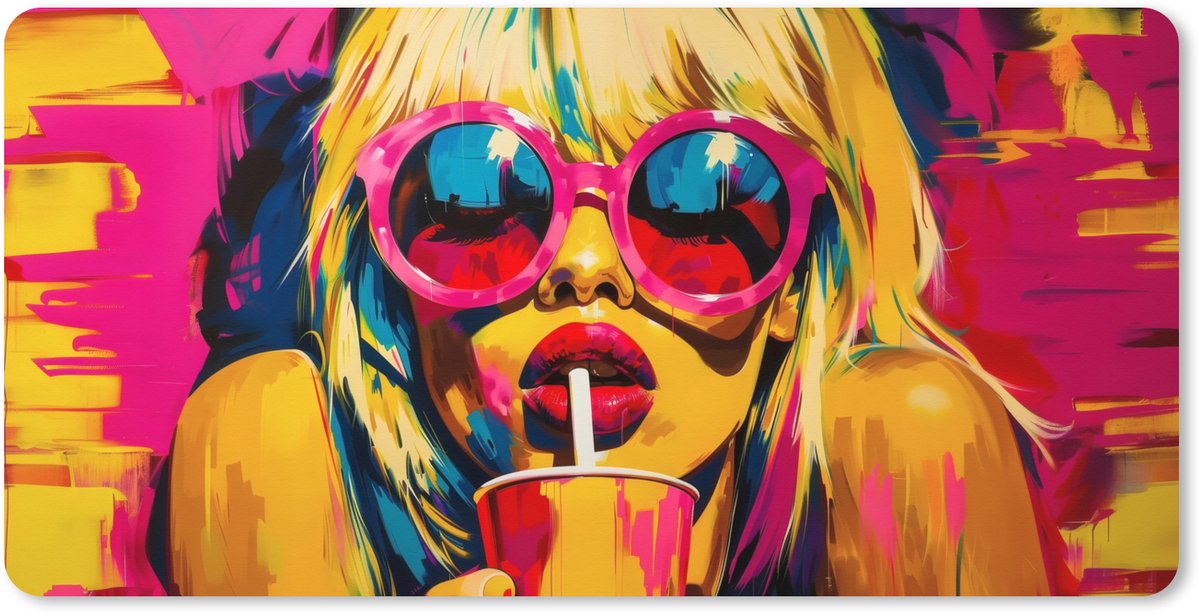 Muismat XXL 100x50 cm - Bureau onderlegger - Bureau mat Zonnebril - Roze - Vrouw - Rietje - Bureaumat - Gaming mousepad xl - Bureaulegger groot - Computer deskmat