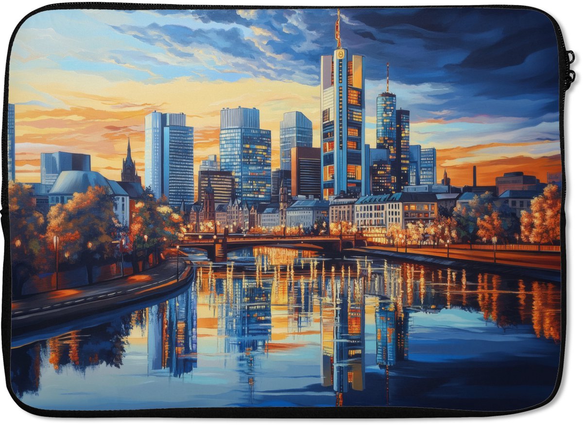 Laptophoes 13 inch - Zonsondergang Frankfurt - Stad - Skyline - Water - Laptop sleeve - Binnenmaat 32x22,5 cm - Zwarte achterkant