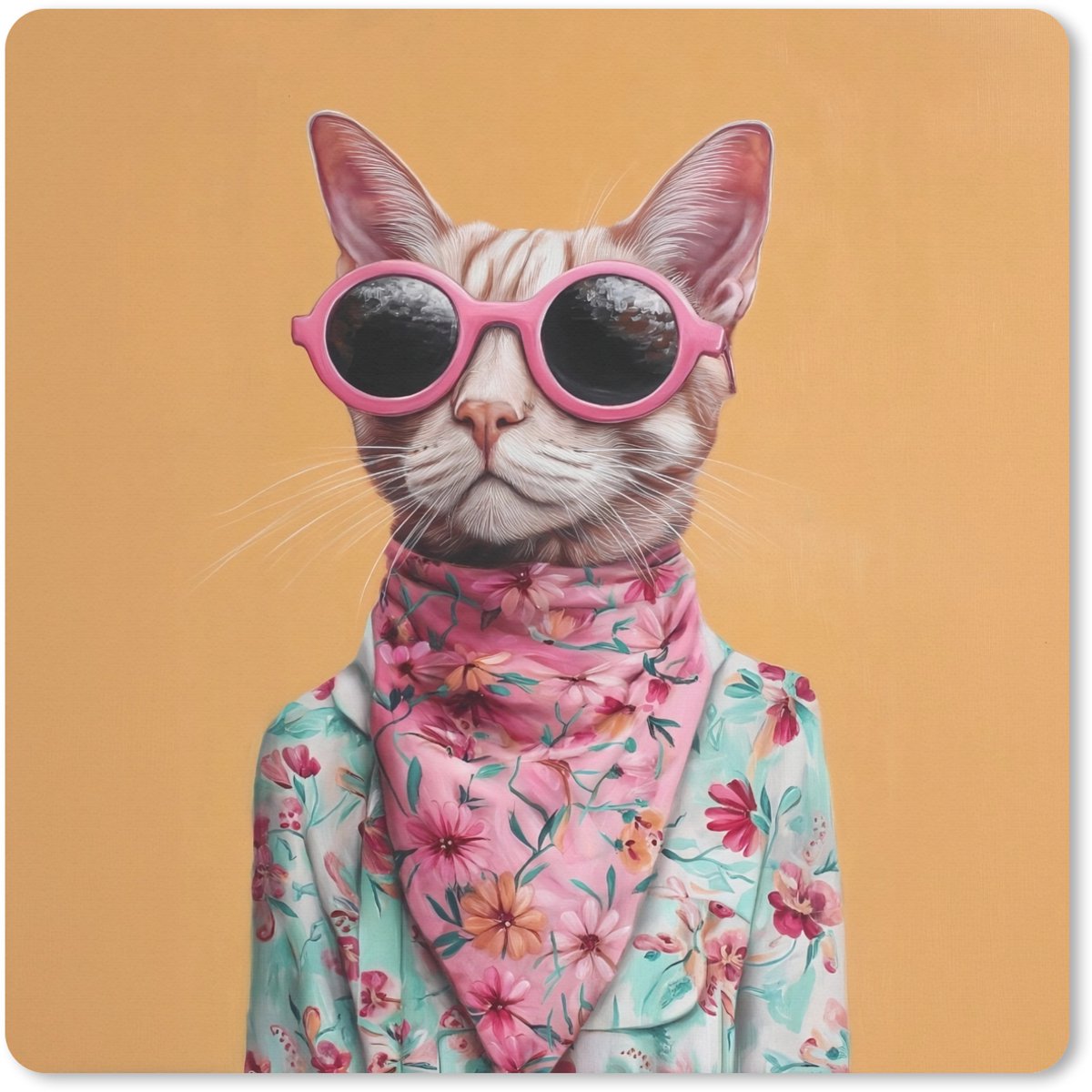 Muismat XXL 60x60 cm - Bureau onderlegger - Bureau mat Zonnebril - Kat - Sjaal - Bloemen - Bureaumat - Gaming mousepad xl - Bureaulegger groot - Computer deskmat