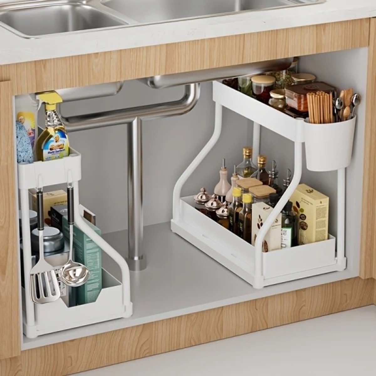 keuken kast organizer - gootsteen kast organizer - Ruimte besparend organizer keuken - keuken schoonmaak middel organizer - Multifunctionele wastafelkastorganizer, dubbellaagse organizer voor schoonmaakmiddelen, keukenkastorganizer voor gootsteen, ke