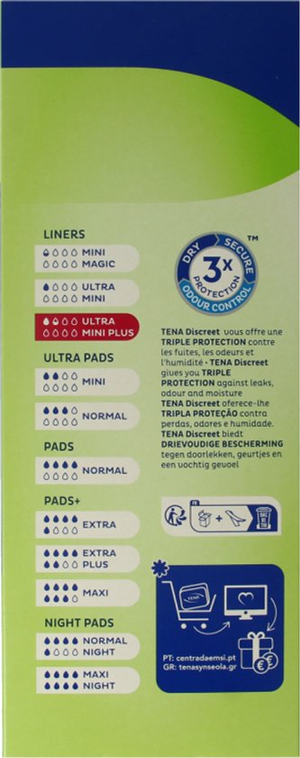Zij-aanzicht van TENA Discreet verpakking met productinformatie.