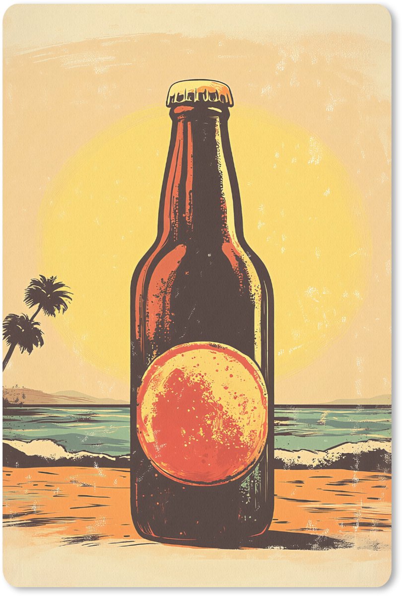Muismat 18x27 cm - Mousepad Bierfles - Zonsondergang - Palmbomen - Zee - Muismatten