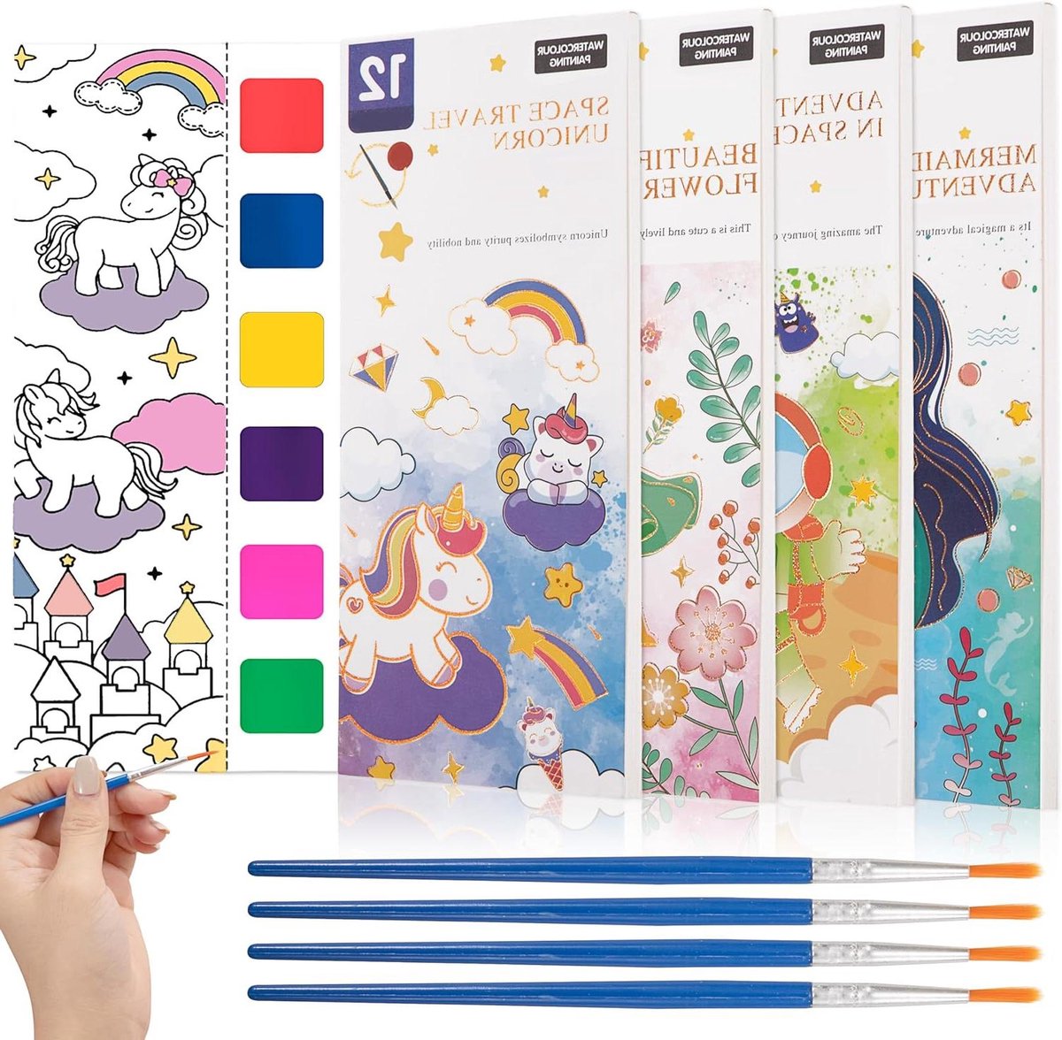 JGS Premium - Aquarel kleurboek voor kinderen - waterpenseel - waterverf - schilderpapier - aquareltekeningen - bladwijzer - zak-aquarelboek - vanaf 3 jaar - zeemeerminnen thema.