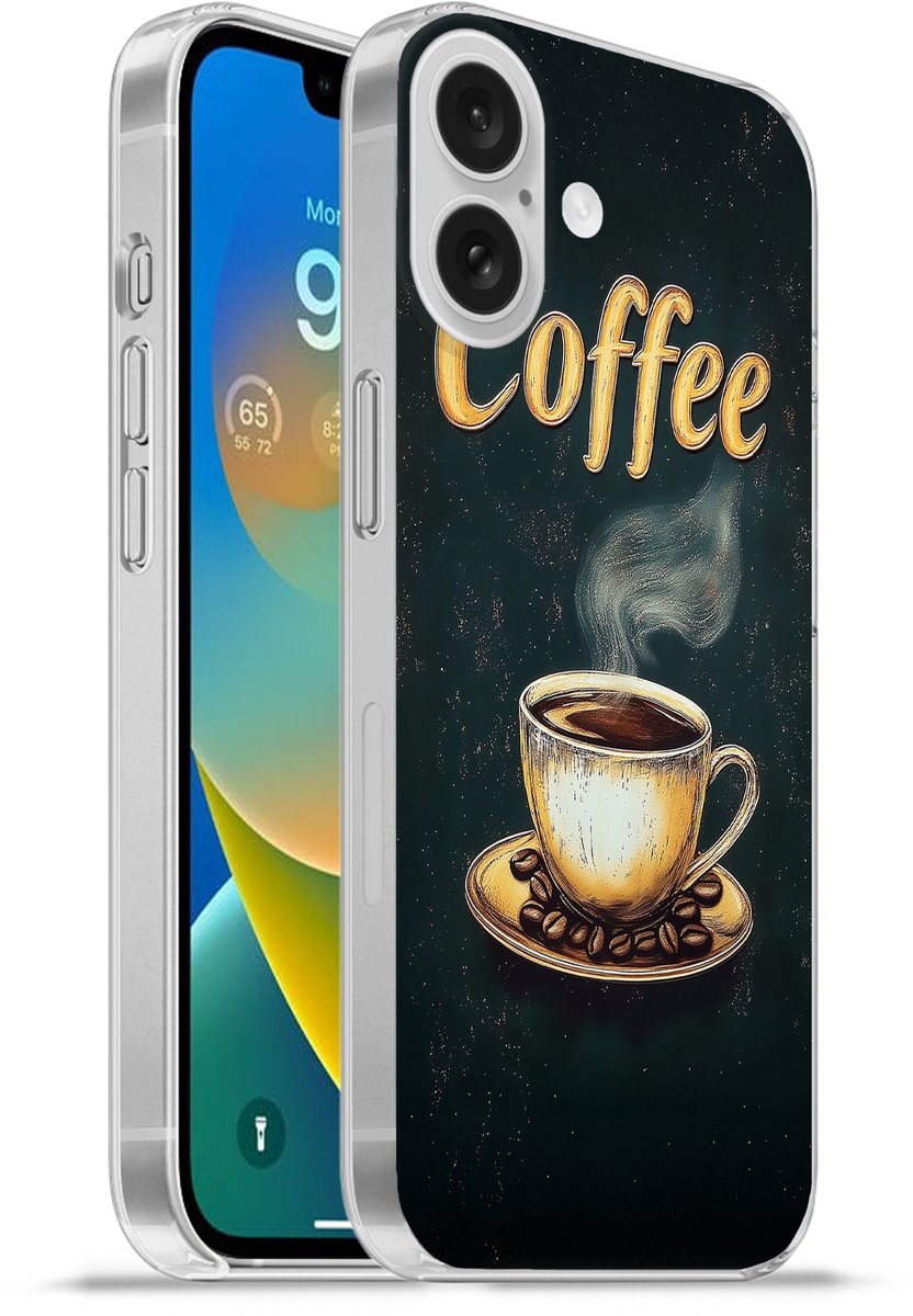 Telefoonhoesje Geschikt voor Apple Iphone 16 hoesje - Koffie - Schotel - Koffiebonen - Retro - Siliconen Telefoonhoesje Telefoonhoesje