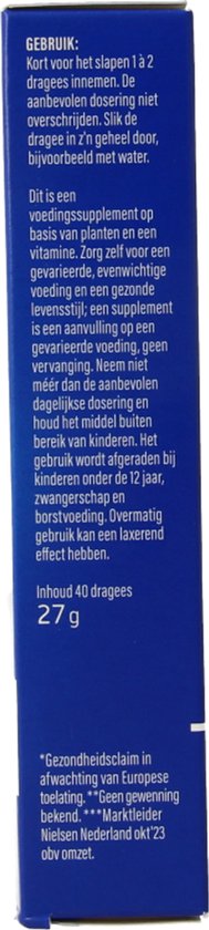 Gebruiksaanwijzing Valdispert Nacht: 1 à 2 dragées kort voor het slapen. 40 dragées. Gezondheid claimed.