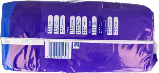 Zij-aanzicht van een verpakking Tena Discreet Maxi Night, met barcode en productinformatie.