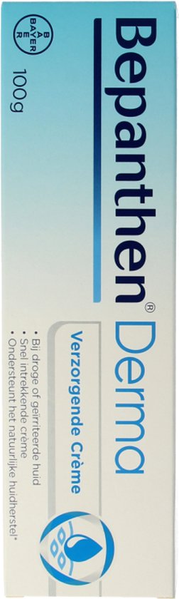 Doos Bepanthen Derma Verzorgende Crème, 100g, wit met blauwe opdruk.