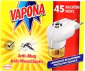 Gele en rode verpakking met Vapona logo, stekker, mug en tekst 'Anti Mug Anti-Moustiques'.