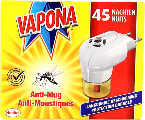 Gele en rode verpakking met Vapona logo, stekker, mug en tekst 'Anti Mug Anti-Moustiques'.