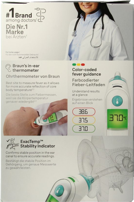 Verpakking van Braun oorthermometer met afbeeldingen en uitleg over gebruik en functies.