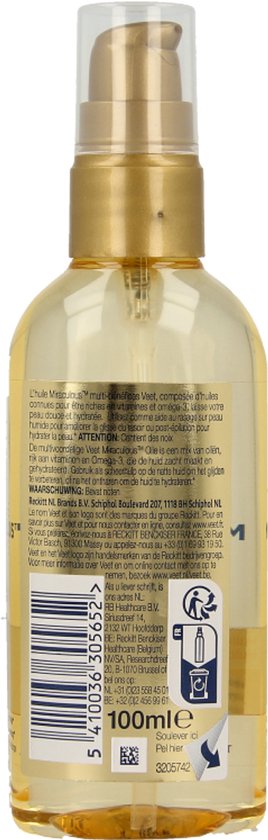 Gouden fles met pompdispenser. Inhoud 100 ml. Productinformatie op de achterkant.