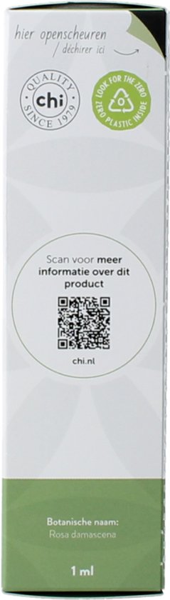 Achterkant van de verpakking. Bevat QR-code, Chi logo, "Quality since 1979" en "Botanische naam: Rosa damascena".