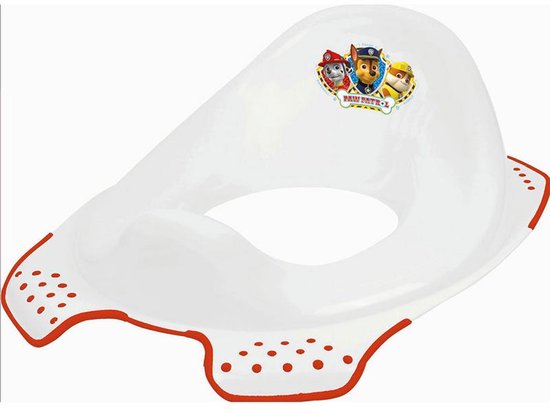 Witte wc-brilverkleiner met rode rand en pootjes-print. Centraal een Paw Patrol-logo met Chase, Marshall en Rubble.