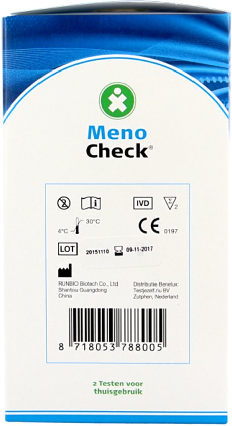 Doos met Meno Check menopauzetest. Wit met blauwe golvende lijnen. Bevat 2 testen voor thuisgebruik.