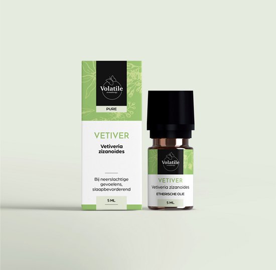 Flesje en doosje met 'Volatile VETIVER Vetiveria zizanoides' etherische olie, 5ml.