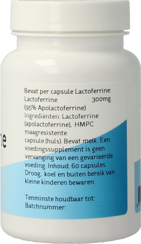 Witte pot met blauwe tekst. Bevat 60 capsules. Bevat melk. Voedingssupplement.