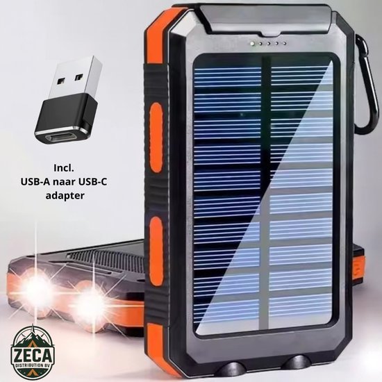 Solar Powerbank – Zonne energie - Powerbank 20.000 mAh - Kamperen & Outdoor - Noodpakket - Led Zaklamp - Kompas - Snellader - 2x USB A + USB-C via meegeleverde adapter - Geschikt voor alle moderne smartphones & Tablets - Batterij