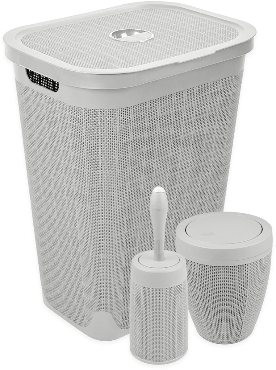 Wasmand 60 liter - Toiletborstel - Badkamerprullenbak - Set 'Hessian' - Lichtgrijs