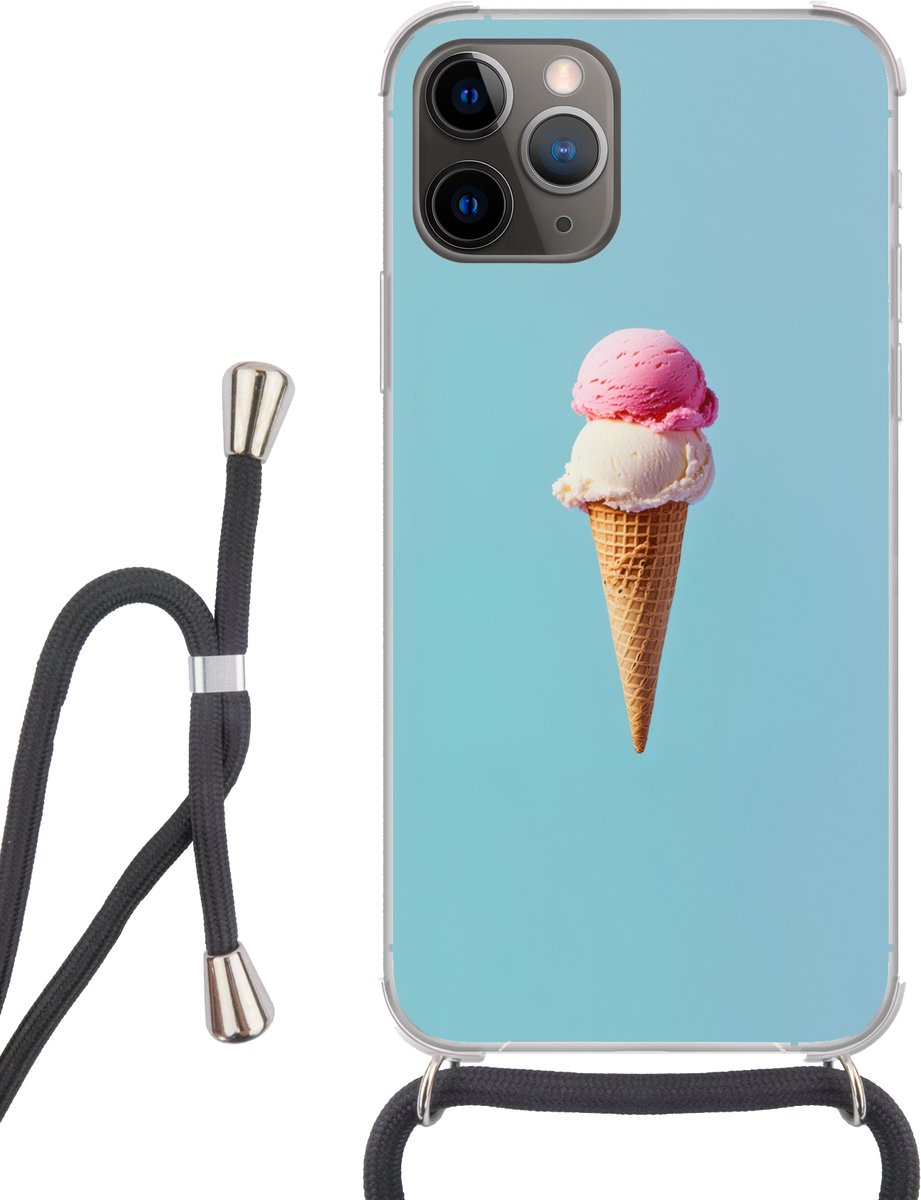 Telefoonhoesje Geschikt voor iPhone 12 pro crossbody - Bolletjes - Schepijs - Hoorntje - Blauw - Siliconen - Crossbody - Backcover met Koord - Telefoonhoesje met koord - Hoesje met touw Telefoonhoesje