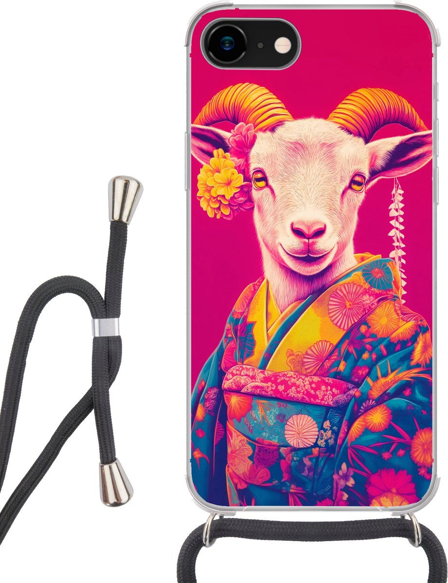Telefoonhoesje Geschikt voor iPhone 8 - Geit - Hoorns - Kimono - Kleurrijk - Siliconen - Crossbody - Backcover met Koord - Telefoonhoesje met koord - Hoesje met touw Telefoonhoesje