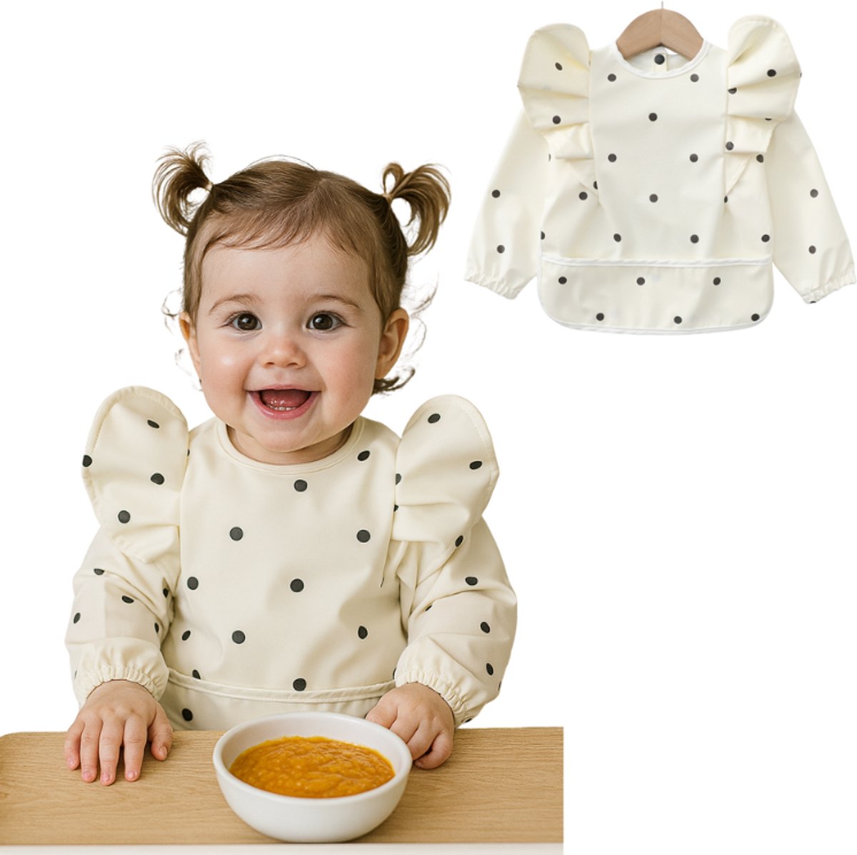 Joya Kids® Slabber Lange Mouwen Wit Zwart Gestipt met Brede Opvangbak | Peuter Kliederschort met Pofmouwen | Verfschort | Schattig Baby Slabbertje Meisje / Schort | Mouwslab | Mouwslabber met Zwarte Stippen | Maat M | 12 tot 24 Maanden Oud