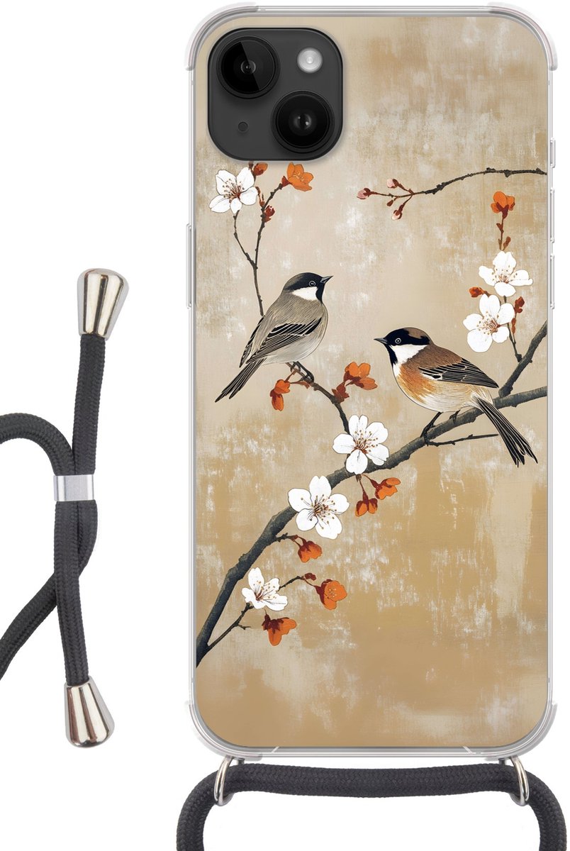 Telefoonhoesje Geschikt voor Apple Iphone 14 Max - Vogels - Bloesemtak - Bloemen - Oranje - Siliconen - Crossbody - Backcover met Koord - Telefoonhoesje met koord - Hoesje met touw Telefoonhoesje