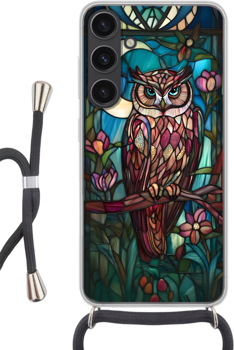 Telefoonhoesje Geschikt voor Samsung Galaxy S24 - Uil - Mozaïek - Maan - Nacht - Siliconen - Crossbody - Backcover met Koord - Telefoonhoesje met koord - Hoesje met touw Telefoonhoesje