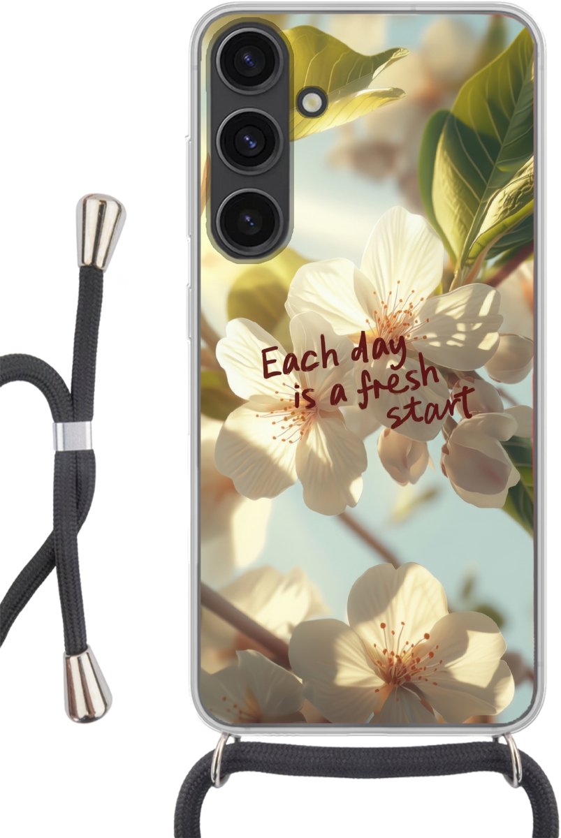Telefoonhoesje Geschikt voor Samsung Galaxy S24 Plus - Bloesems - Zonlicht - Quote - Wit - Siliconen - Crossbody - Backcover met Koord - Telefoonhoesje met koord - Hoesje met touw Telefoonhoesje